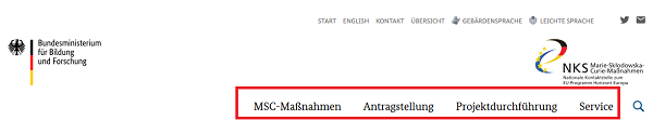 Screenshot der Menüleiste mit umrandeten Hauptbereichen